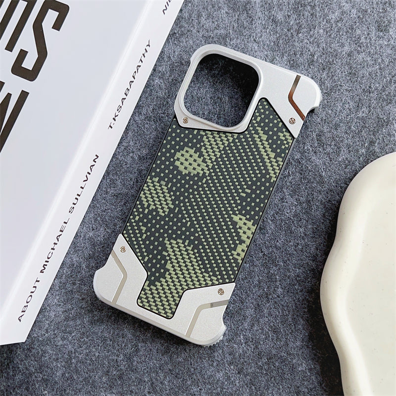 Camouflage Metal Armor Case Frameless Real Carbon Fiber Cover with Built-In Magnet for iPhone Models, Durable and Protection