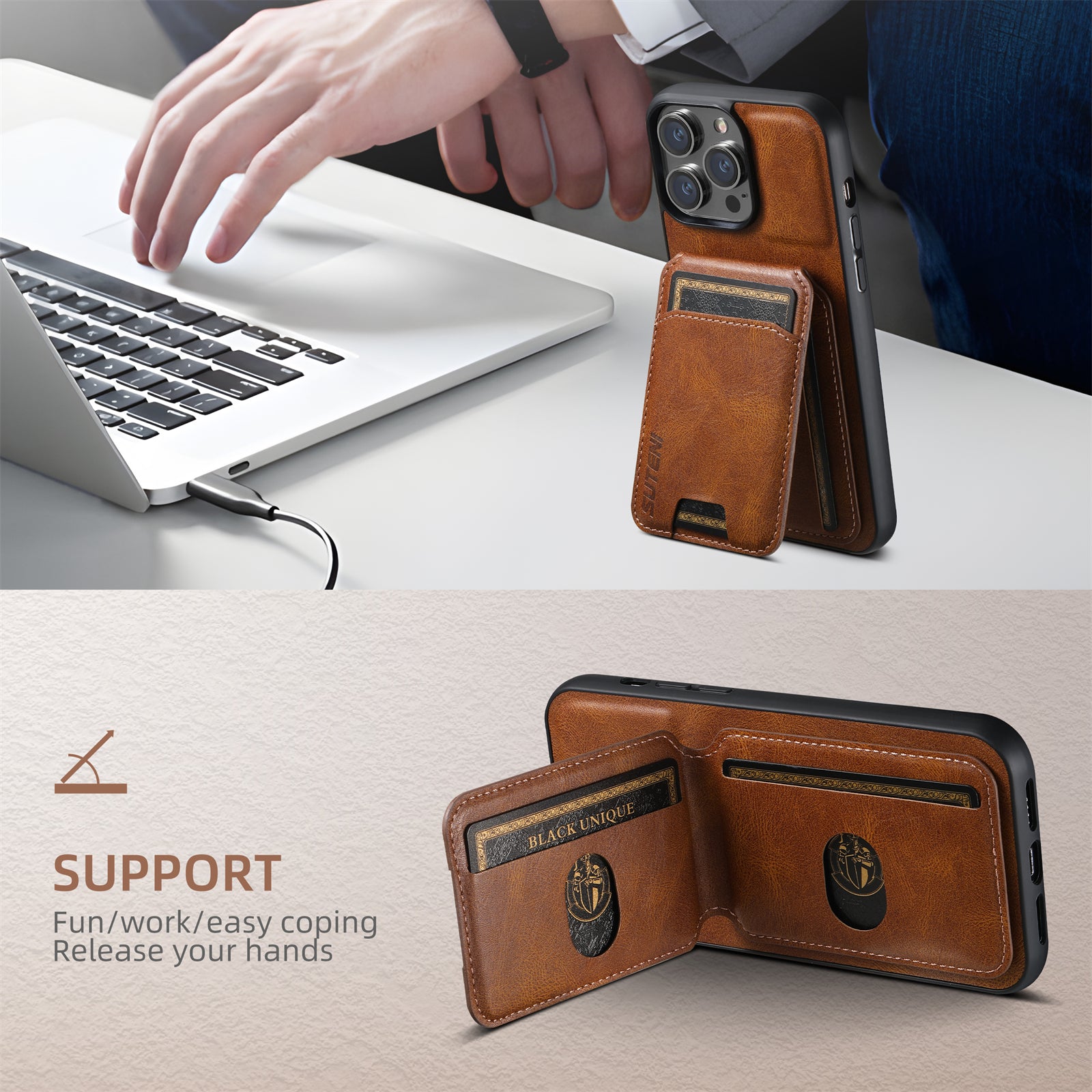 SUTENI Card Holder Leather Wallet iPhone Case – Magnetic Closure, Pocket Cover, Shockproof Protection for iPhone Models