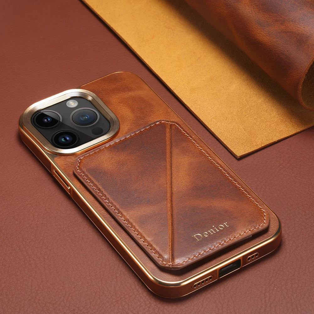 Luxury Cowhide Leather Wallet iPhone Case – Magnetic Card Holder, Plating Shell, Shockproof Protection, Premium Design for iPhone Models