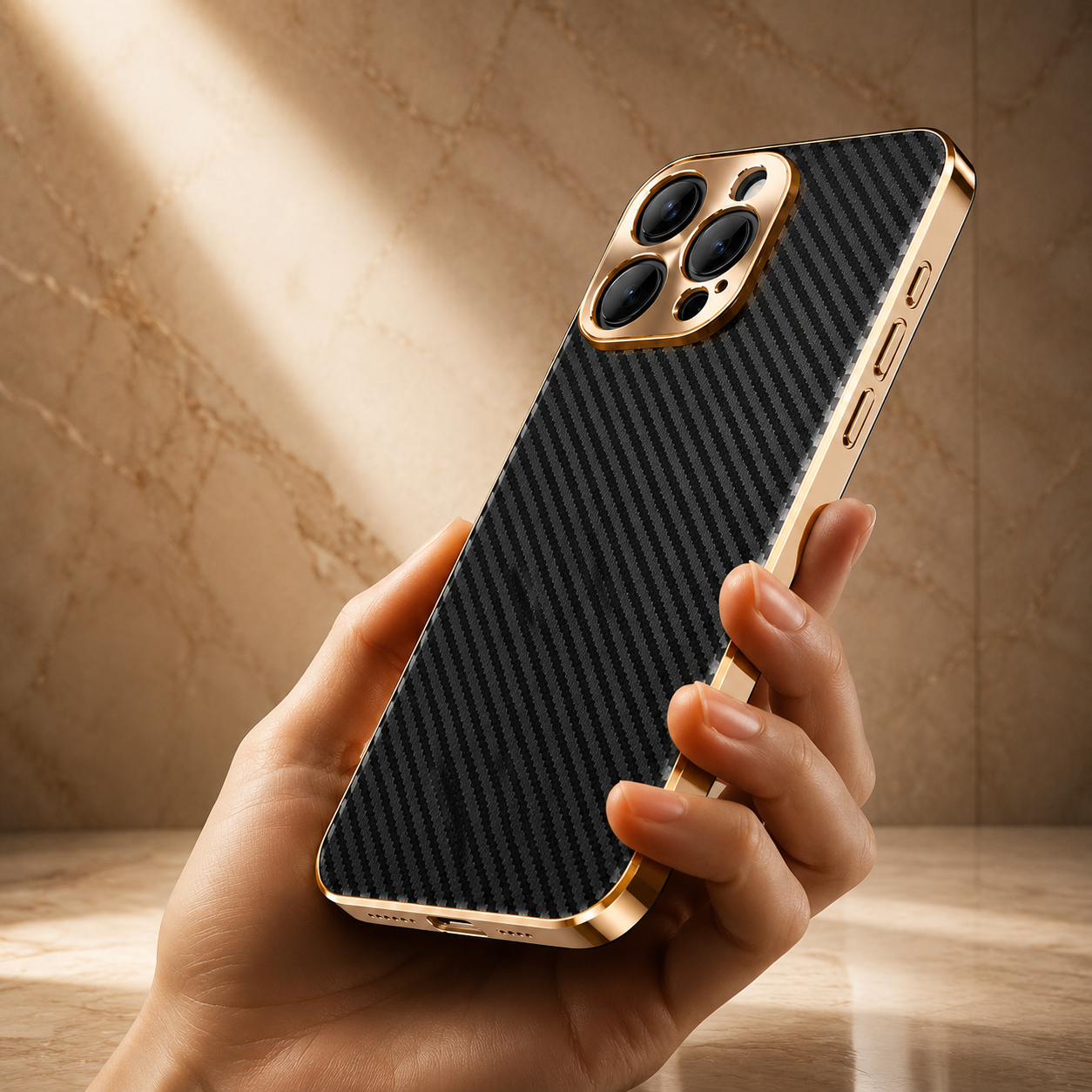 Premium iPhone Case Carbon Fiber Leather Alloy Lens Protection Shockproof Slim Fit Plating Design Wireless Charging Compatible Cover