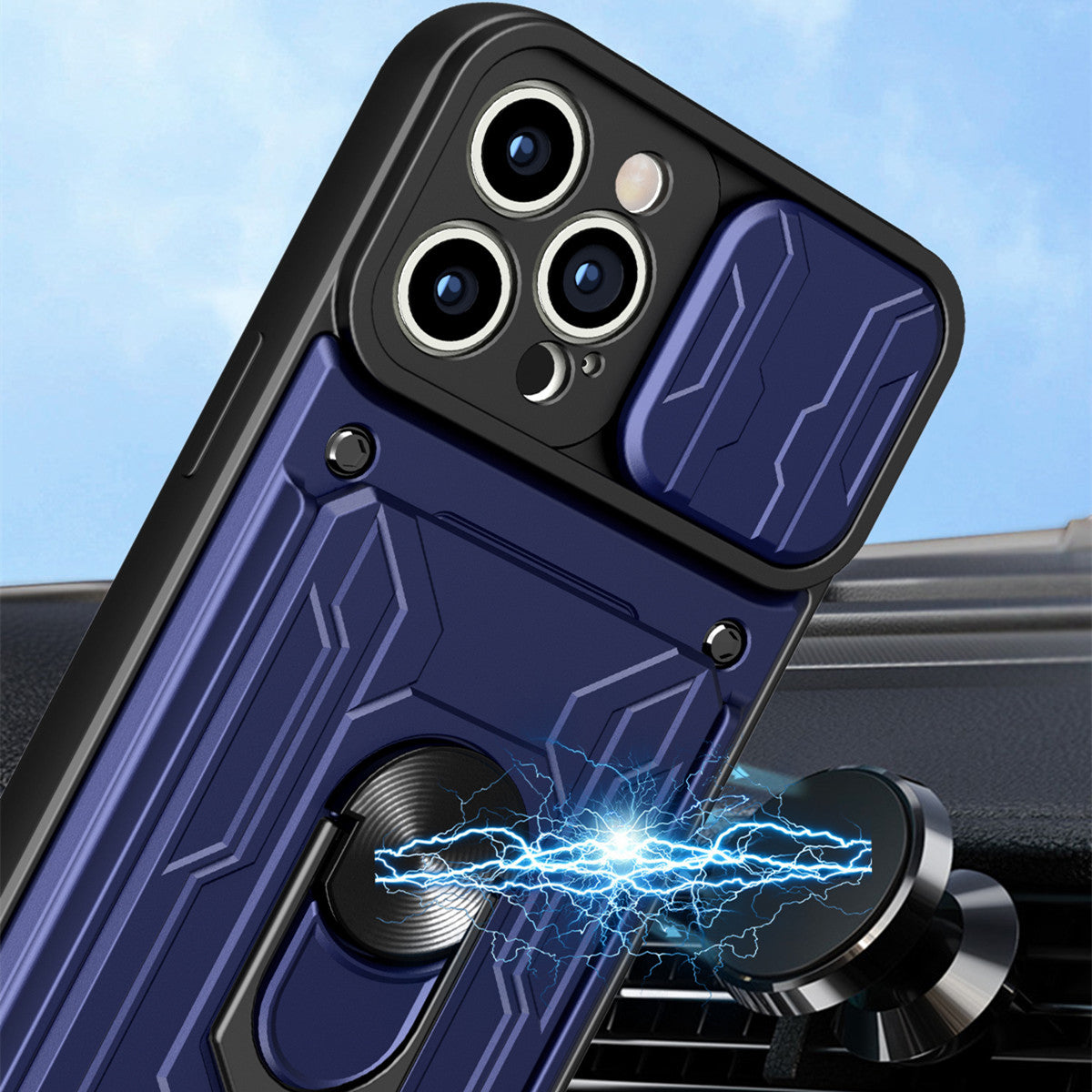 Hidden Slide Card Slot iPhone Case – Lens Protection, Magnetic Ring Stand, Shockproof Cover for iPhone Models