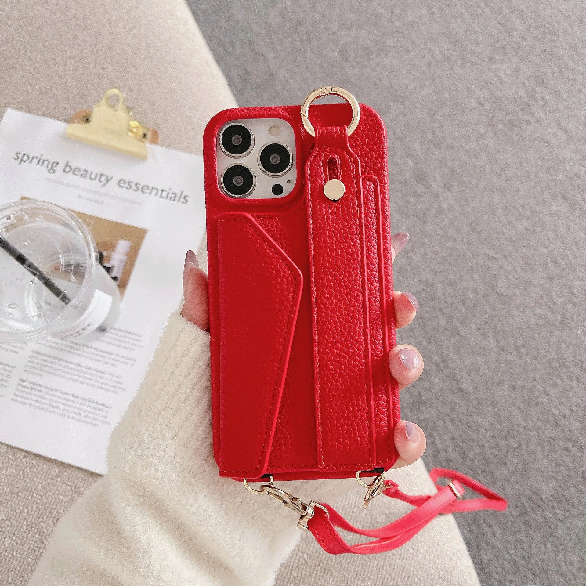 Luxury Crossbody Leather Wallet iPhone Case – Wrist Strap, Ring Holder, Card Slot, Shockproof Protection, Stylish Design for iPhone
