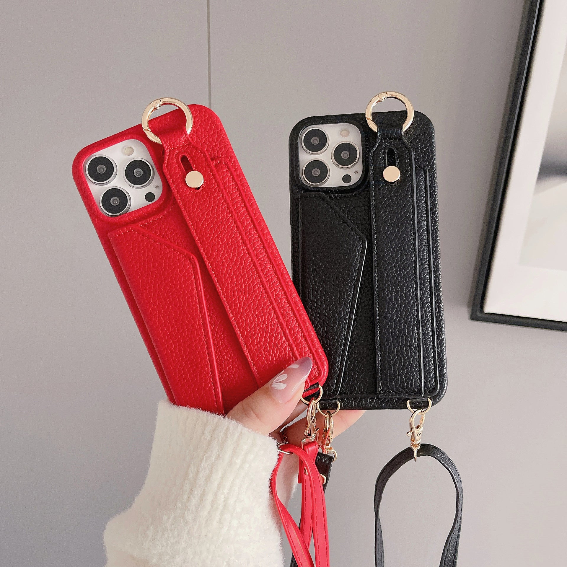Luxury Crossbody Leather Wallet iPhone Case – Wrist Strap, Ring Holder, Card Slot, Shockproof Protection, Stylish Design for iPhone