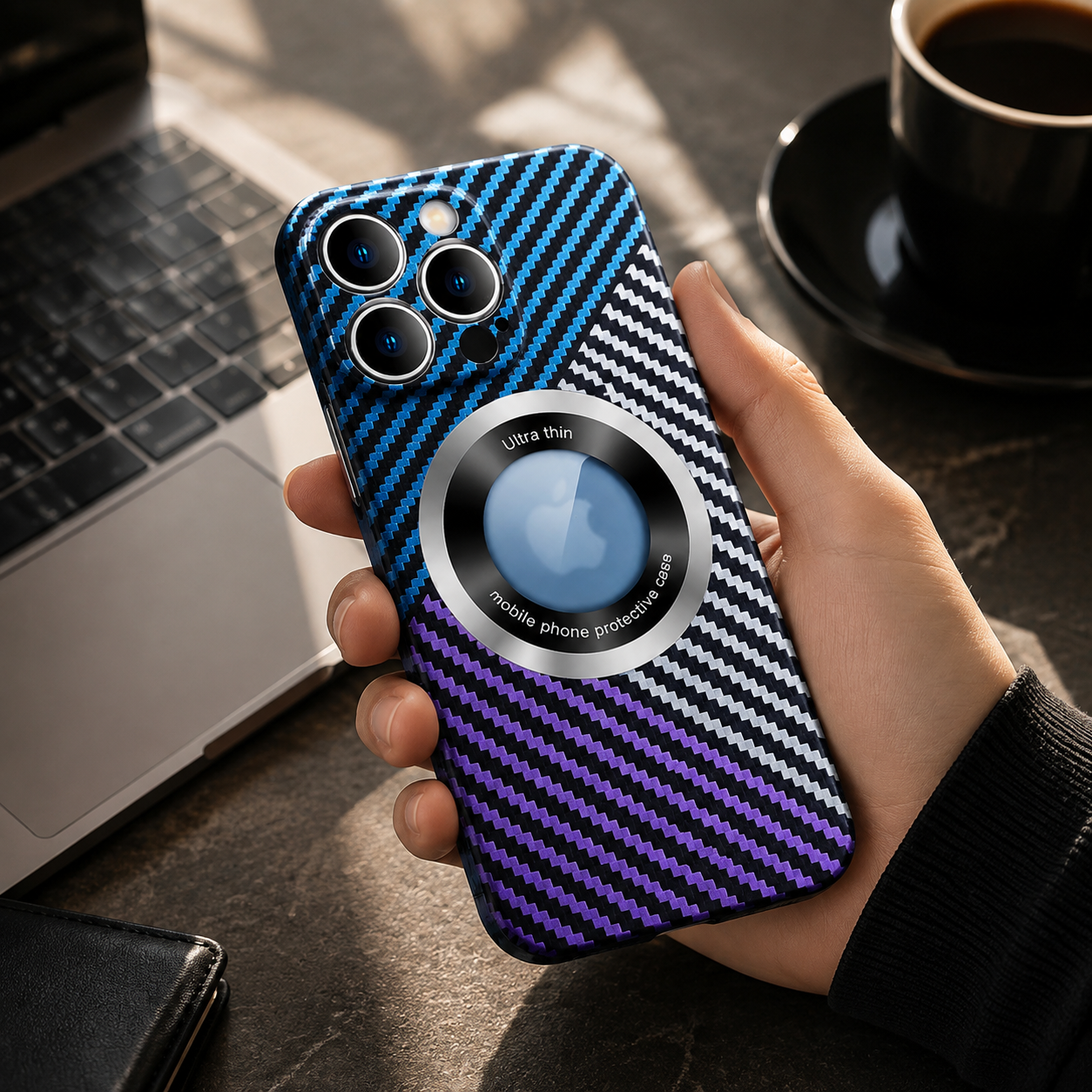 Premium iPhone Case Carbon Fiber MagSafe Cover Frameless Matte PC Slim Protective Case Logo Hollow Magnetic Ring Wireless Charging Compatible