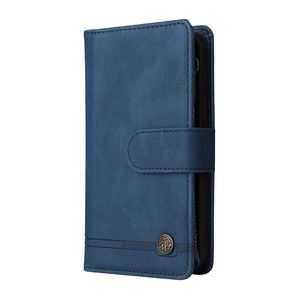 Premium Retro Flip Leather iPhone Case – Zipper Wallet, Multi-Card Slots, Necklace Lanyard, Magnetic Closure, Shockproof Protection for iPhone