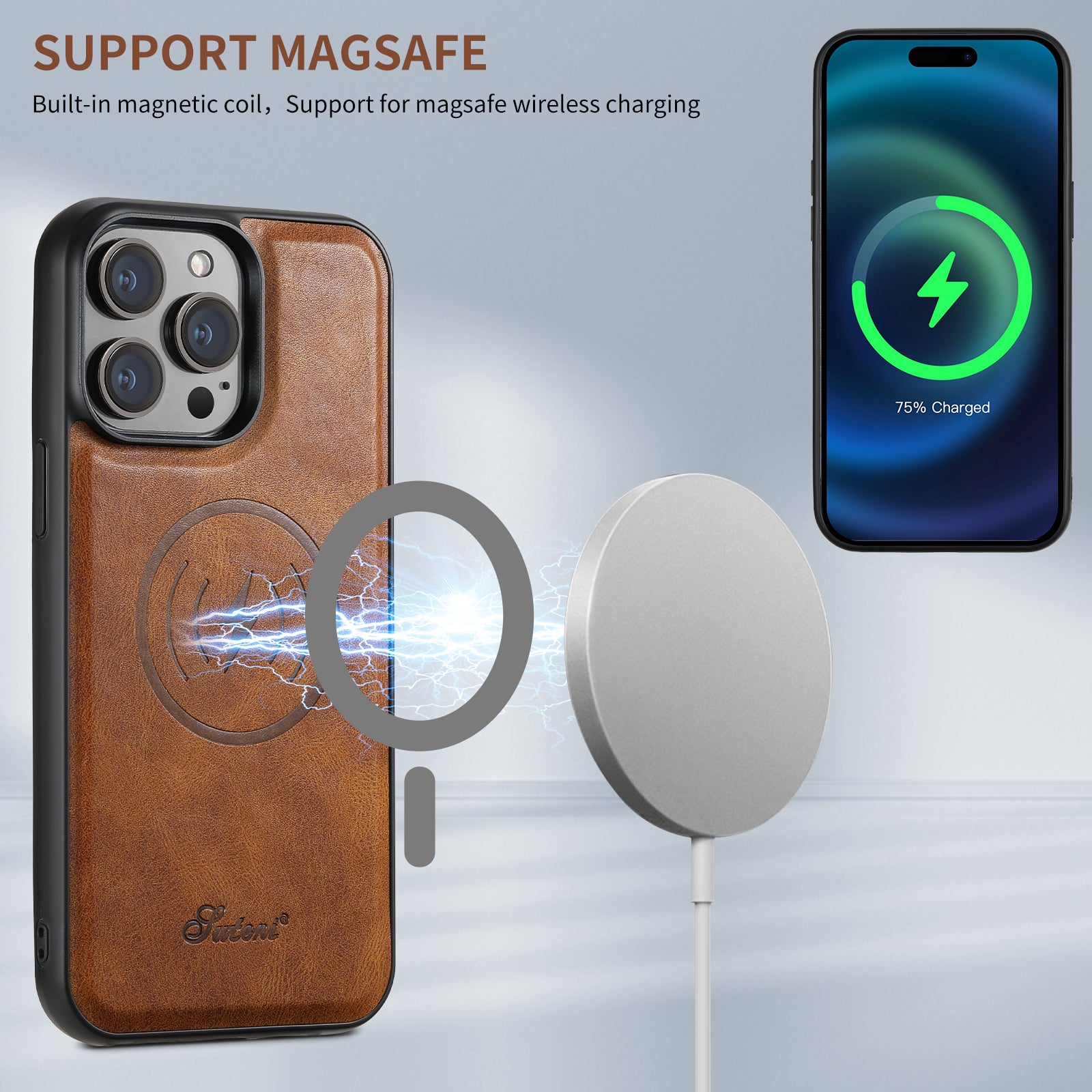 SUTENI Card Holder Leather Wallet iPhone Case – Magnetic Closure, Pocket Cover, Shockproof Protection for iPhone Models