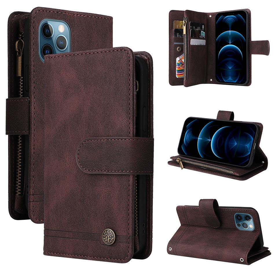 Premium Retro Flip Leather iPhone Case – Zipper Wallet, Multi-Card Slots, Necklace Lanyard, Magnetic Closure, Shockproof Protection for iPhone