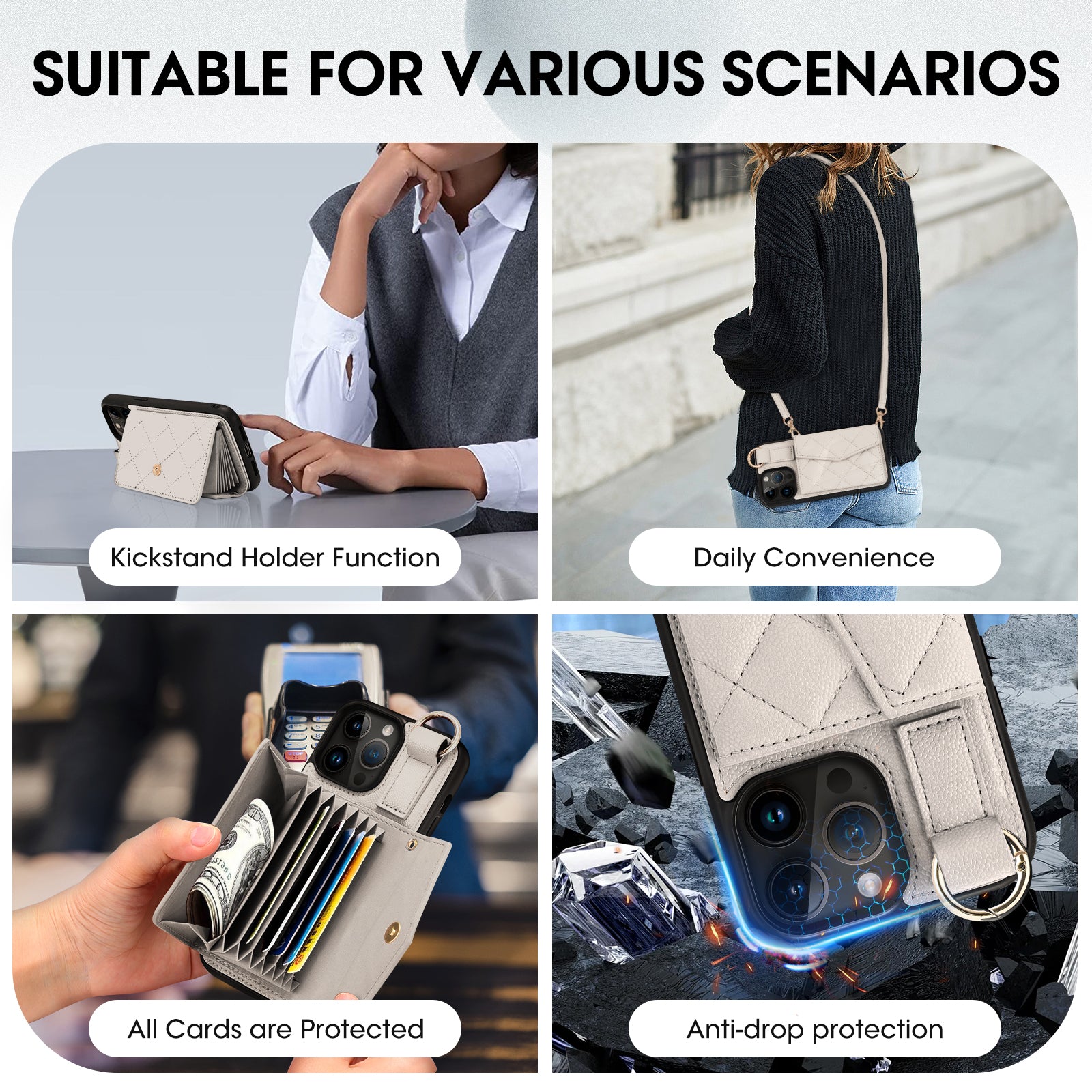 Luxury Crossbody Wallet iPhone Case – Cute Flip Leather Cover, Card Holder, Necklace Strap, Kickstand, Protection for iPhone