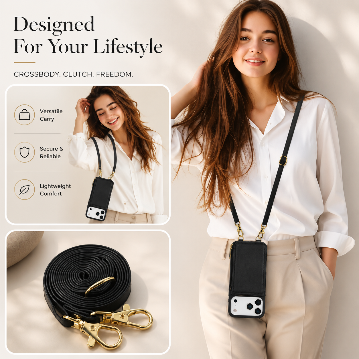 Luxury iPhone Case Leather Wallet Flip Cover Crossbody Card Holder RFID Blocking Zipper Pocket Shockproof Camera Lens Protection Full Coverage