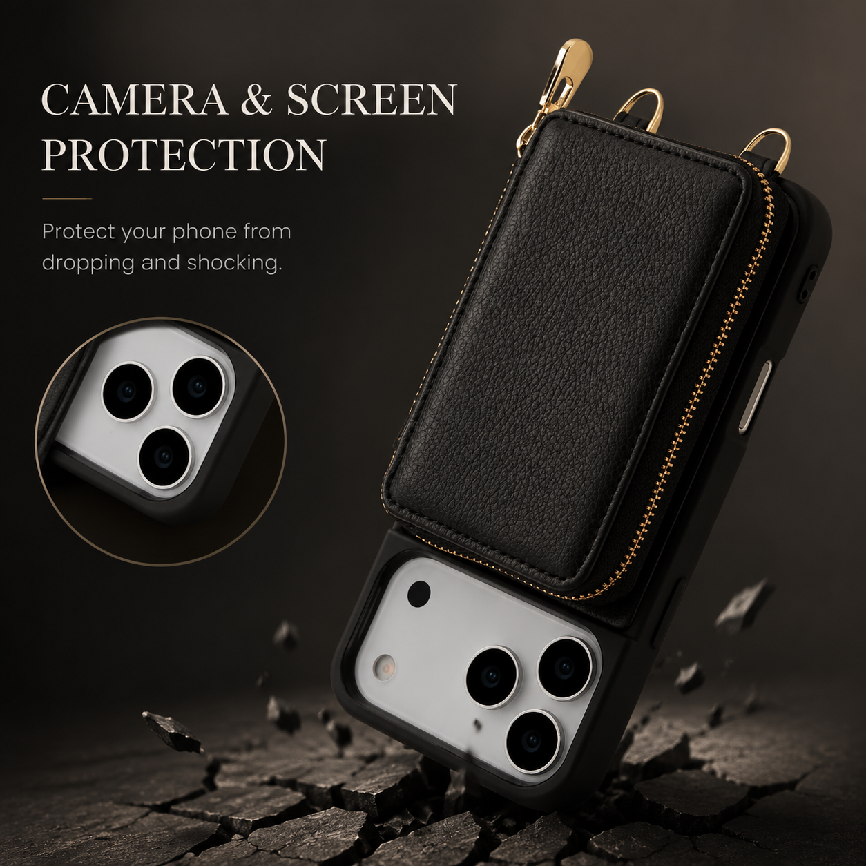 Luxury iPhone Case Leather Wallet Flip Cover Crossbody Card Holder RFID Blocking Zipper Pocket Shockproof Camera Lens Protection Full Coverage