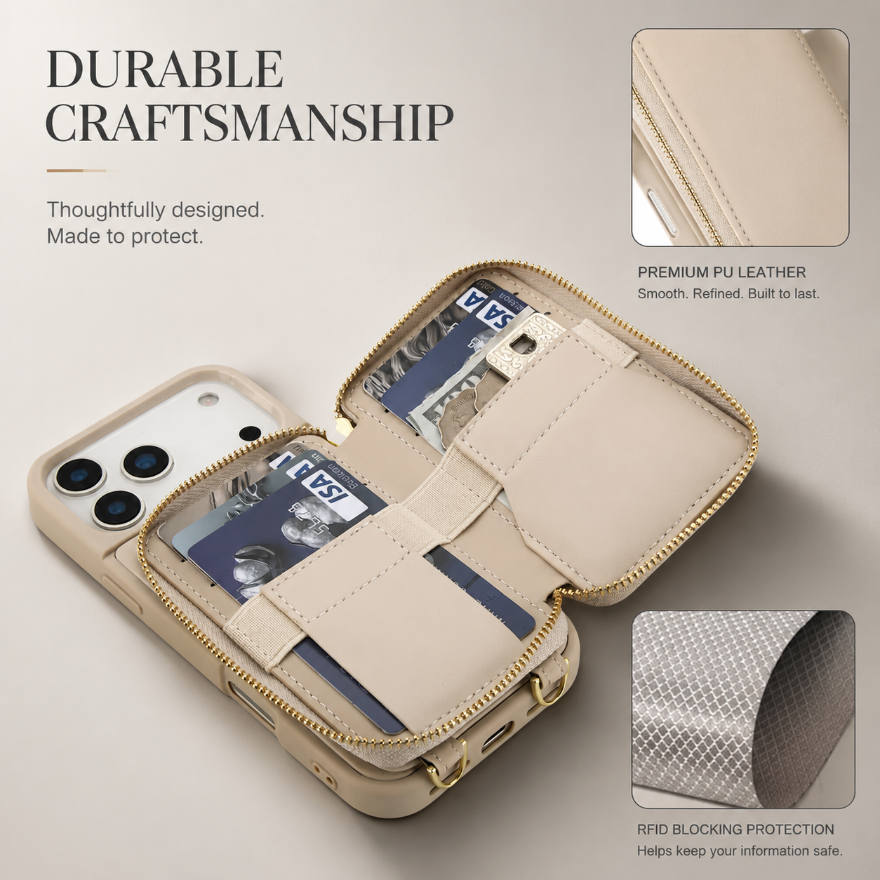 Luxury iPhone Case Leather Wallet Flip Cover Crossbody Card Holder RFID Blocking Zipper Pocket Shockproof Camera Lens Protection Full Coverage