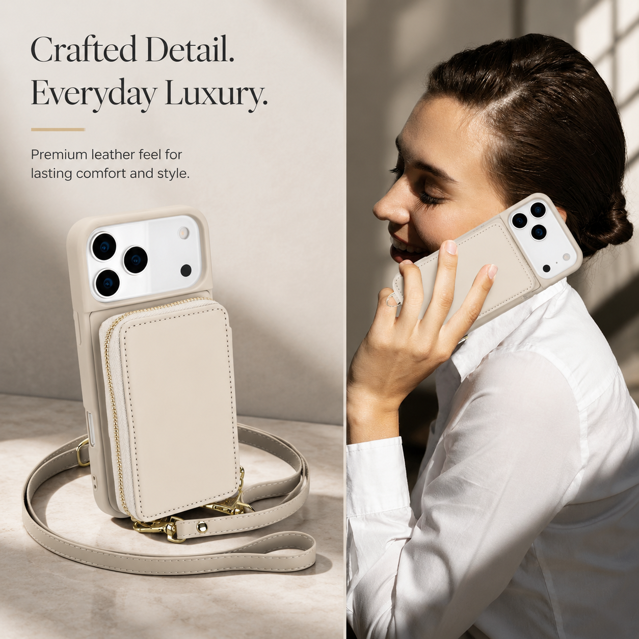 Luxury iPhone Case Leather Wallet Flip Cover Crossbody Card Holder RFID Blocking Zipper Pocket Shockproof Camera Lens Protection Full Coverage