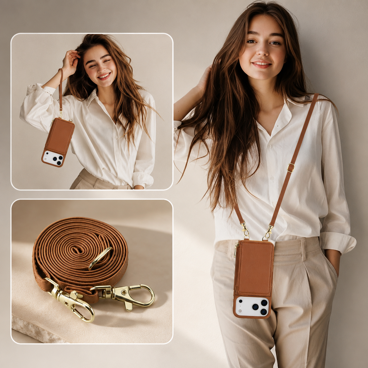 Luxury iPhone Case Leather Wallet Flip Cover Crossbody Card Holder RFID Blocking Zipper Pocket Shockproof Camera Lens Protection Full Coverage