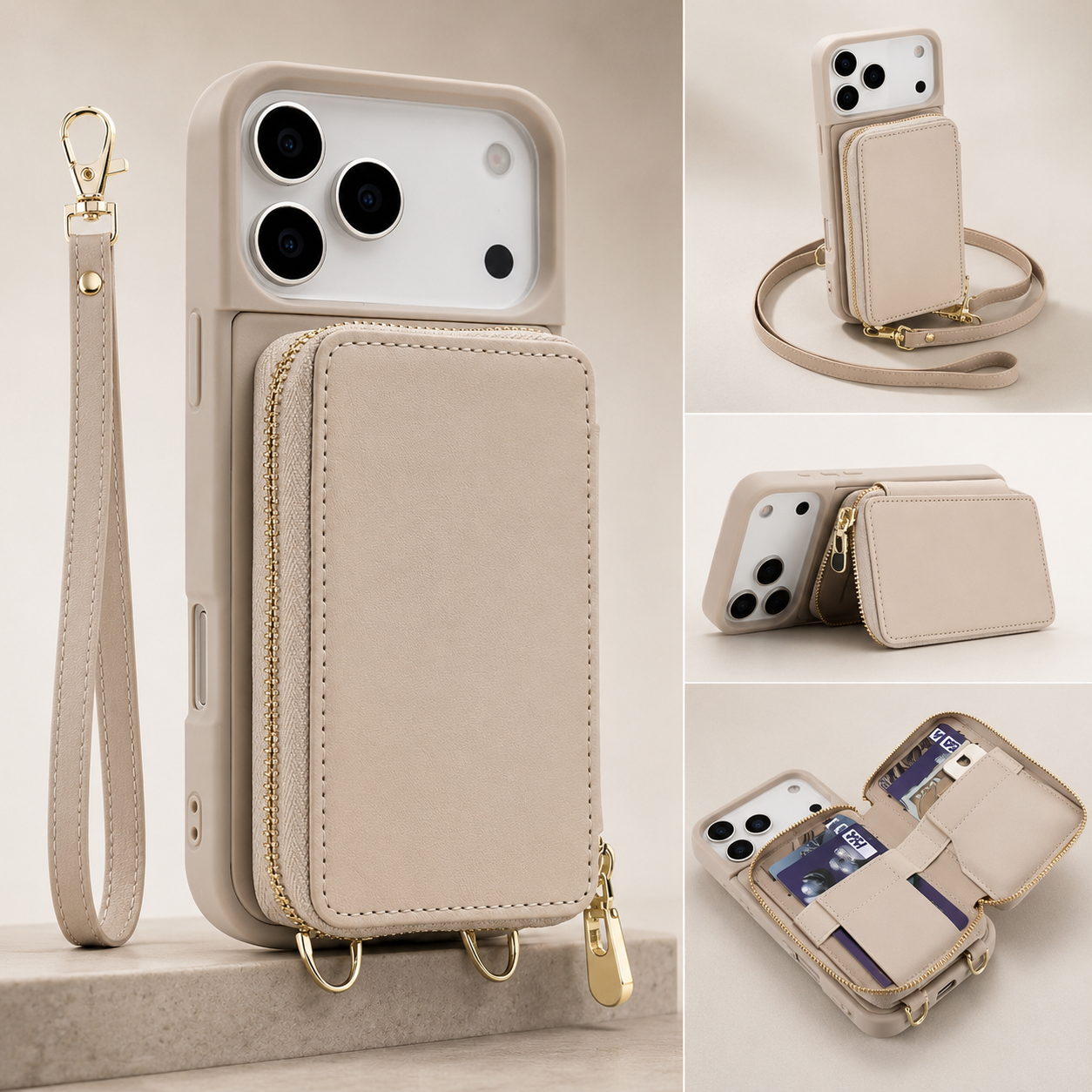 Luxury iPhone Case Leather Wallet Flip Cover Crossbody Card Holder RFID Blocking Zipper Pocket Shockproof Camera Lens Protection Full Coverage