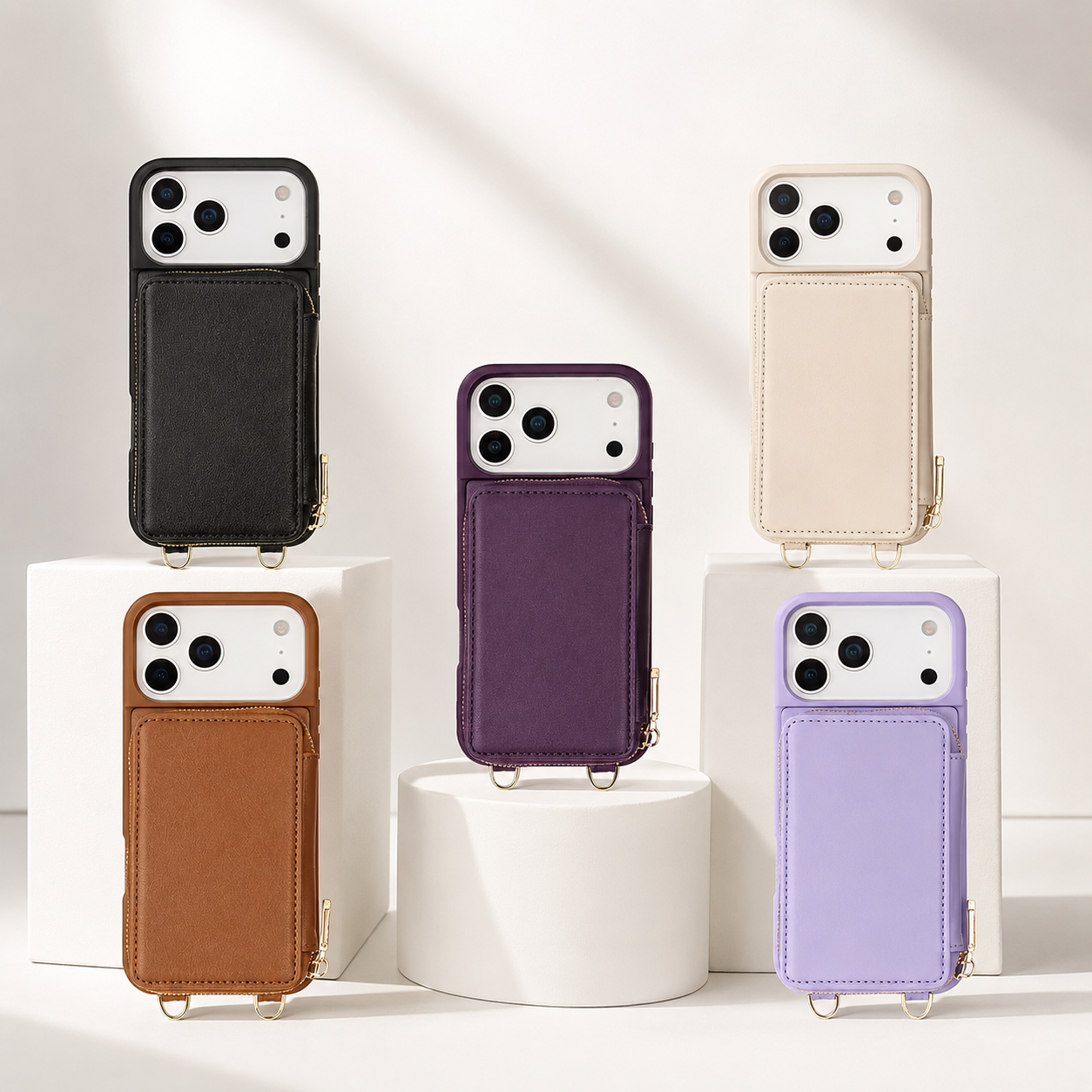 Luxury iPhone Case Leather Wallet Flip Cover Crossbody Card Holder RFID Blocking Zipper Pocket Shockproof Camera Lens Protection Full Coverage