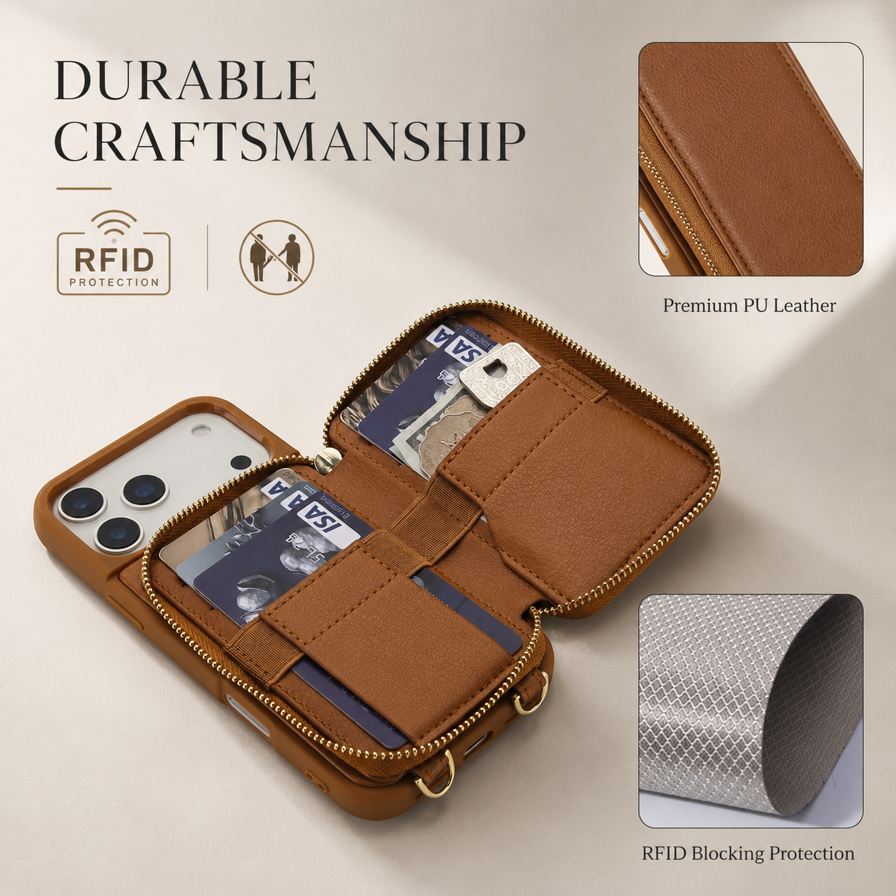 Luxury iPhone Case Leather Wallet Flip Cover Crossbody Card Holder RFID Blocking Zipper Pocket Shockproof Camera Lens Protection Full Coverage