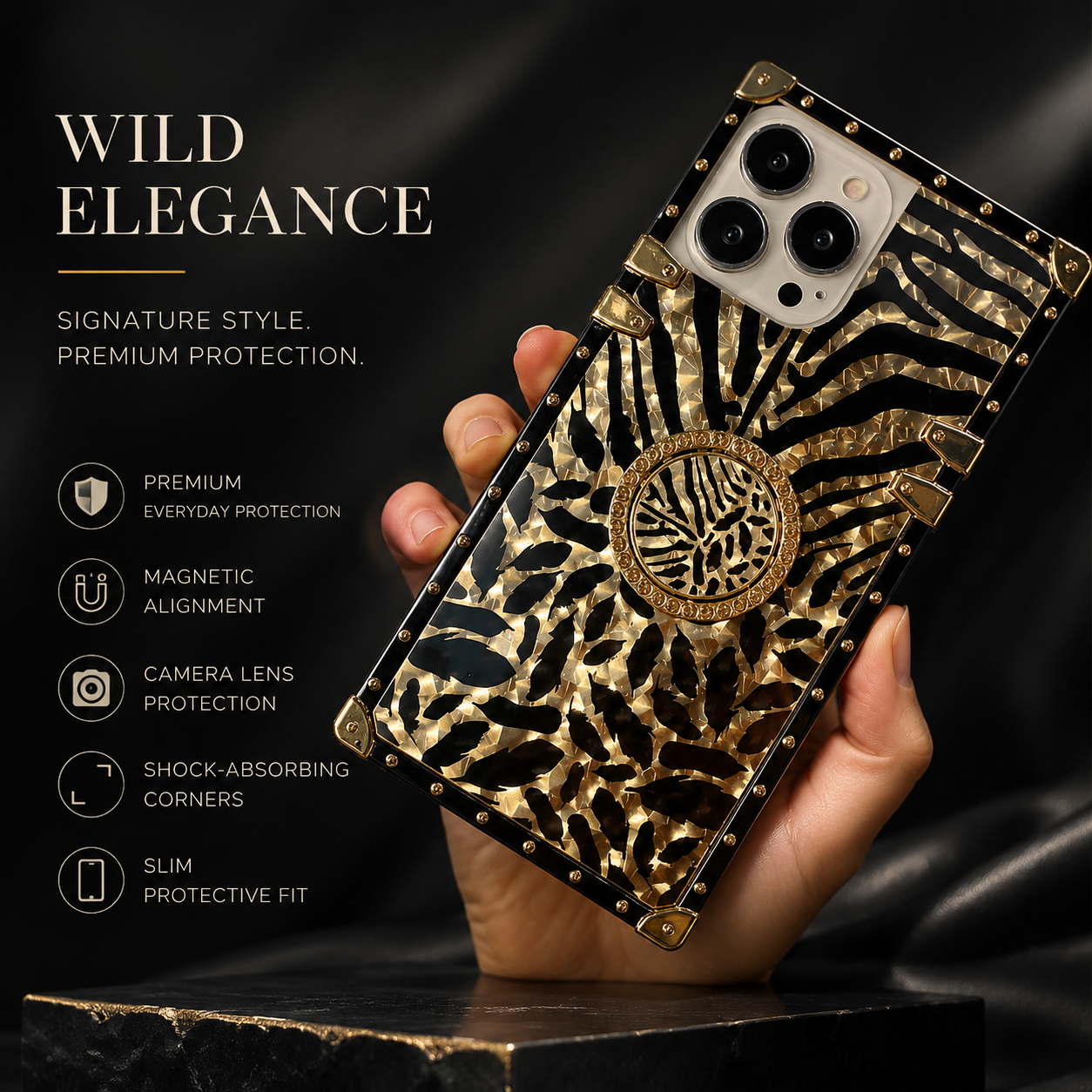 Luxury iPhone Case Leopard Gold Plating Glitter Diamond Ring Stand Protective Cover Shockproof Stylish Design Durable Phone Case