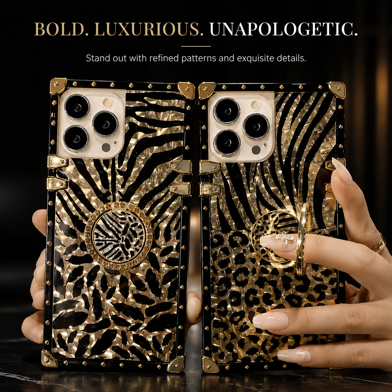 Luxury iPhone Case Leopard Gold Plating Glitter Diamond Ring Stand Protective Cover Shockproof Stylish Design Durable Phone Case
