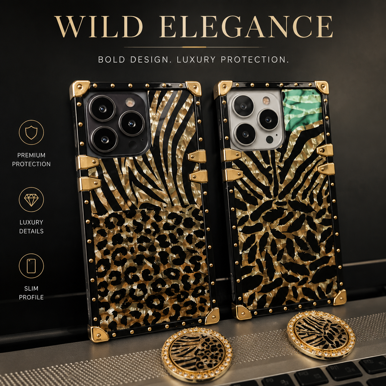Luxury iPhone Case Leopard Gold Plating Glitter Diamond Ring Stand Protective Cover Shockproof Stylish Design Durable Phone Case