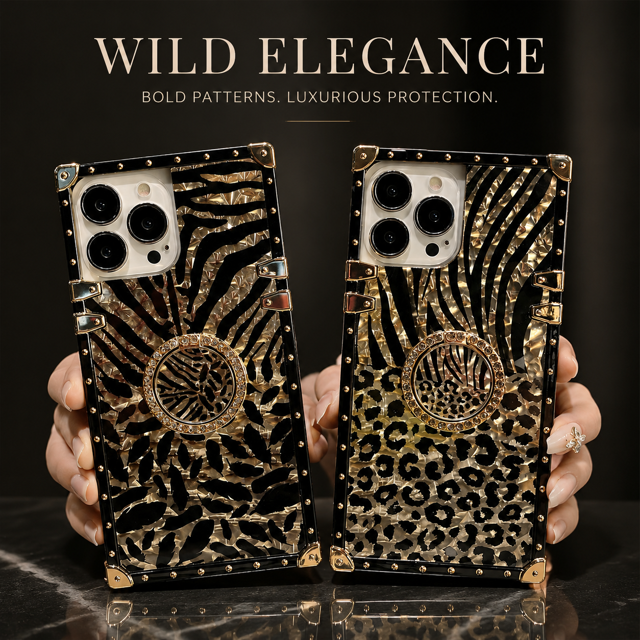 Luxury iPhone Case Leopard Gold Plating Glitter Diamond Ring Stand Protective Cover Shockproof Stylish Design Durable Phone Case