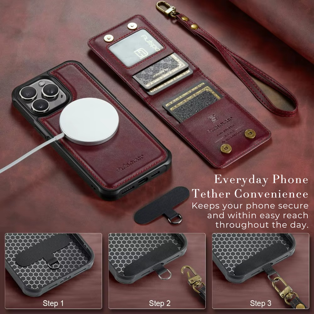 Luxury 2-in-1 Magnetic Wallet iPhone Case – Detachable Leather Flip Cover with Card Holder, Wrist Strap, and Secure Magnetic Closure for Ultimate Protection