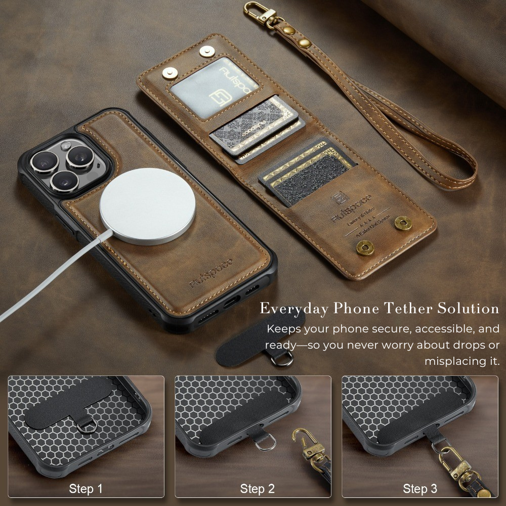 Luxury 2-in-1 Magnetic Wallet iPhone Case – Detachable Leather Flip Cover with Card Holder, Wrist Strap, and Secure Magnetic Closure for Ultimate Protection