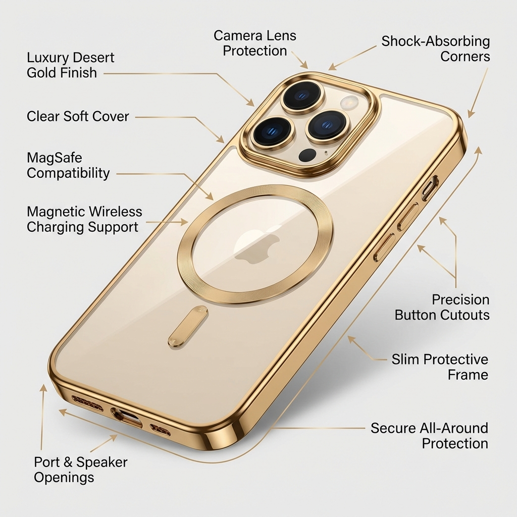 Luxury Desert Gold MagSafe iPhone Case - Clear Soft Cover with Magnetic Wireless Charging & Lens Protection | Case for iPhone