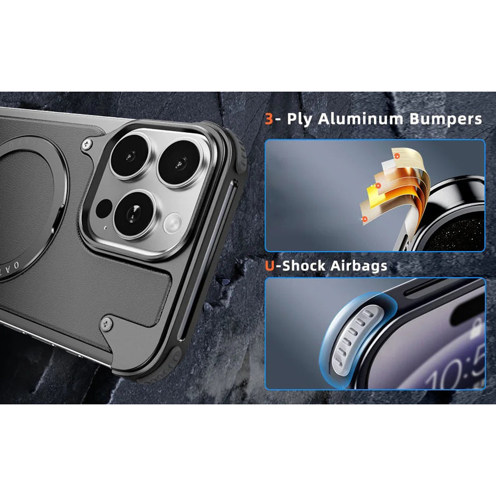 Premium Genuine Leather iPhone Case – MagSafe Compatible Frameless Cover with Rotating Magnetic Stand Ring, Shockproof Anti-Drop Protection