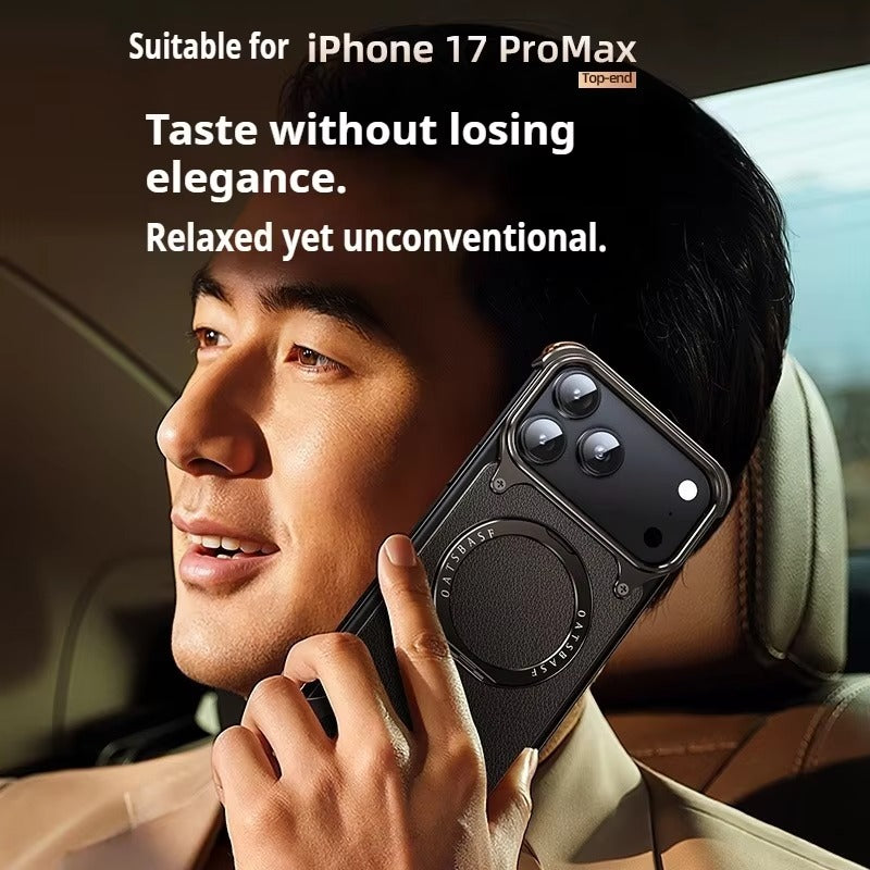 Premium Genuine Leather iPhone Case – MagSafe Compatible Frameless Cover with Rotating Magnetic Stand Ring, Shockproof Anti-Drop Protection