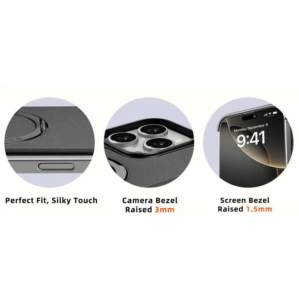 Premium Genuine Leather iPhone Case – MagSafe Compatible Frameless Cover with Rotating Magnetic Stand Ring, Shockproof Anti-Drop Protection