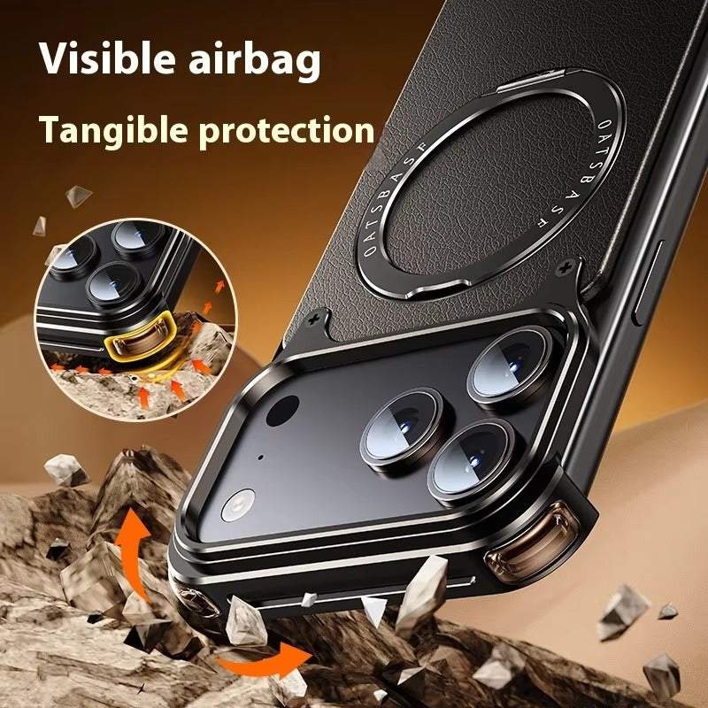 Premium Genuine Leather iPhone Case – MagSafe Compatible Frameless Cover with Rotating Magnetic Stand Ring, Shockproof Anti-Drop Protection