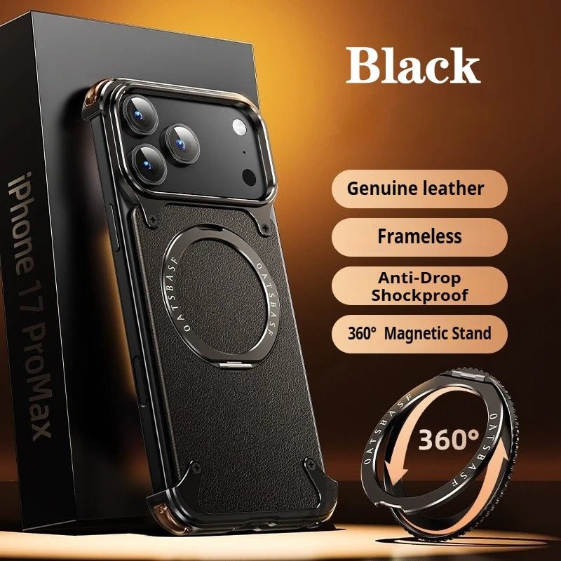 Premium Genuine Leather iPhone Case – MagSafe Compatible Frameless Cover with Rotating Magnetic Stand Ring, Shockproof Anti-Drop Protection