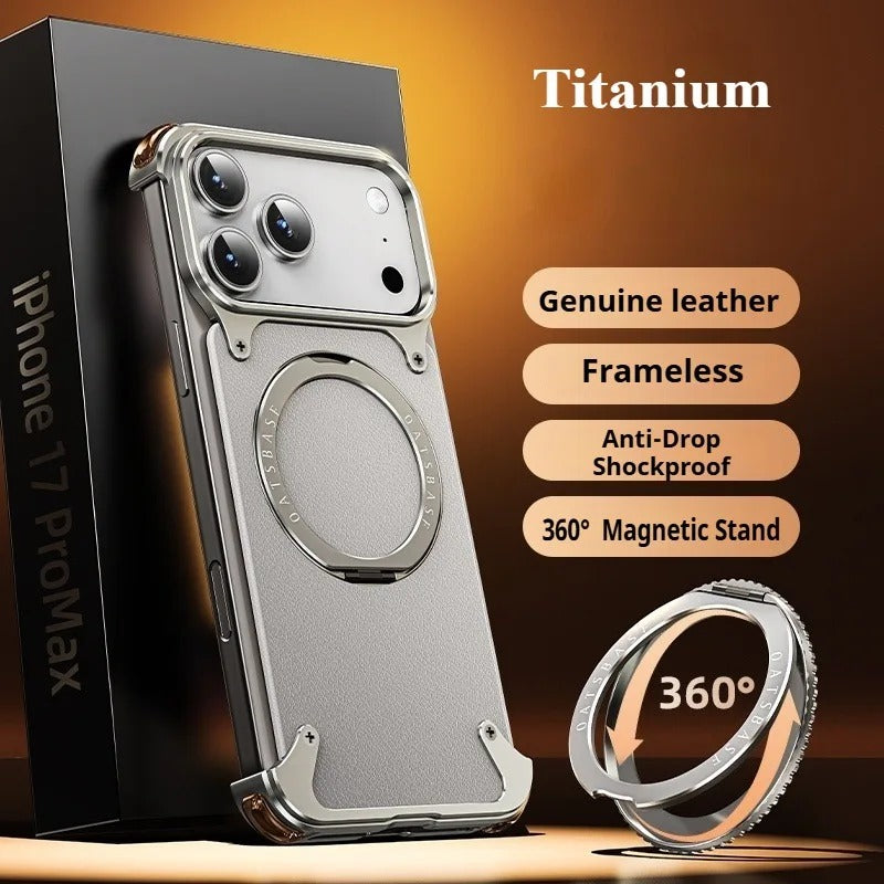 Premium Genuine Leather iPhone Case – MagSafe Compatible Frameless Cover with Rotating Magnetic Stand Ring, Shockproof Anti-Drop Protection
