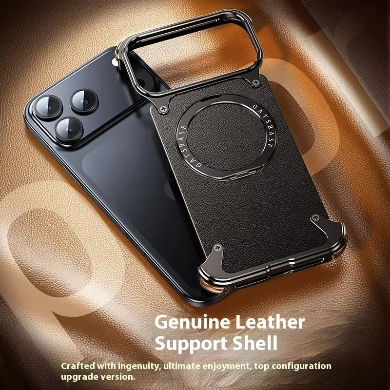 Premium Genuine Leather iPhone Case – MagSafe Compatible Frameless Cover with Rotating Magnetic Stand Ring, Shockproof Anti-Drop Protection