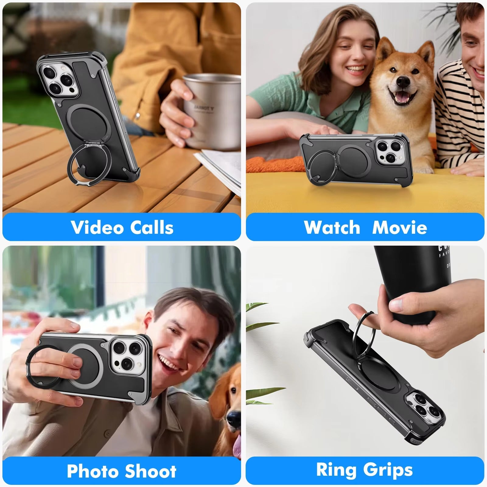 Premium Genuine Leather iPhone Case – MagSafe Compatible Frameless Cover with Rotating Magnetic Stand Ring, Shockproof Anti-Drop Protection