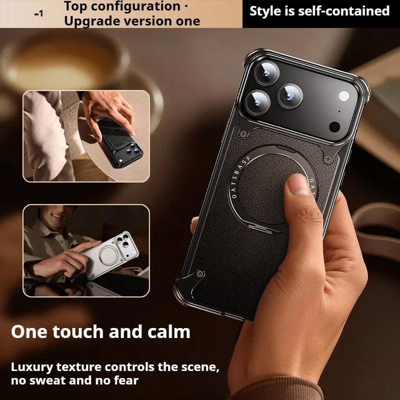 Premium Genuine Leather iPhone Case – MagSafe Compatible Frameless Cover with Rotating Magnetic Stand Ring, Shockproof Anti-Drop Protection