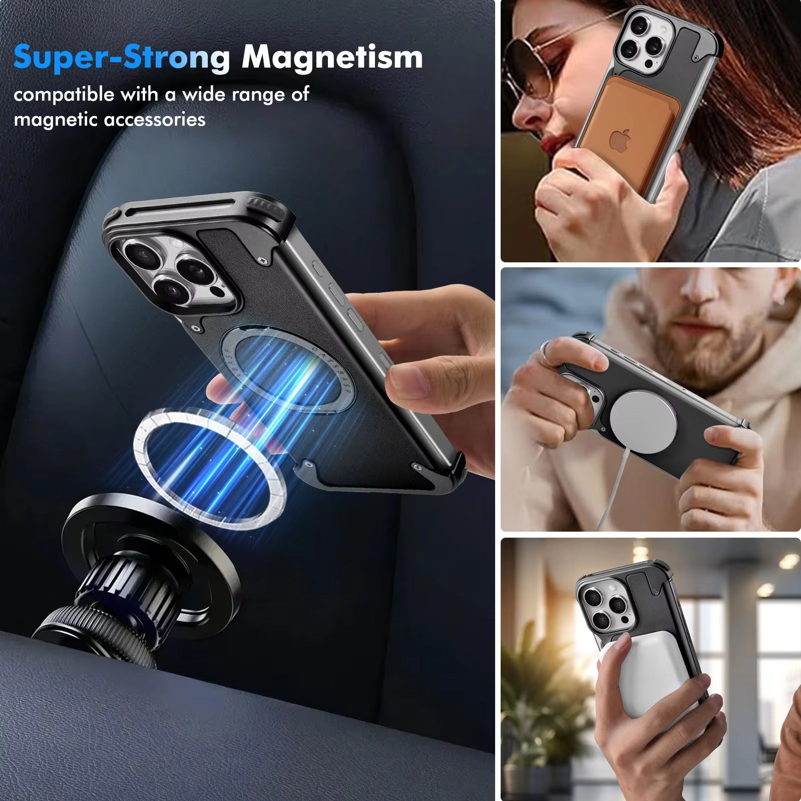 Premium Genuine Leather iPhone Case – MagSafe Compatible Frameless Cover with Rotating Magnetic Stand Ring, Shockproof Anti-Drop Protection