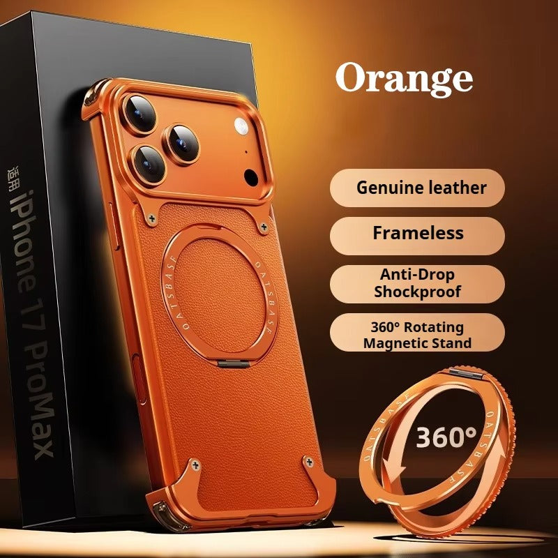 Premium Genuine Leather iPhone Case – MagSafe Compatible Frameless Cover with Rotating Magnetic Stand Ring, Shockproof Anti-Drop Protection