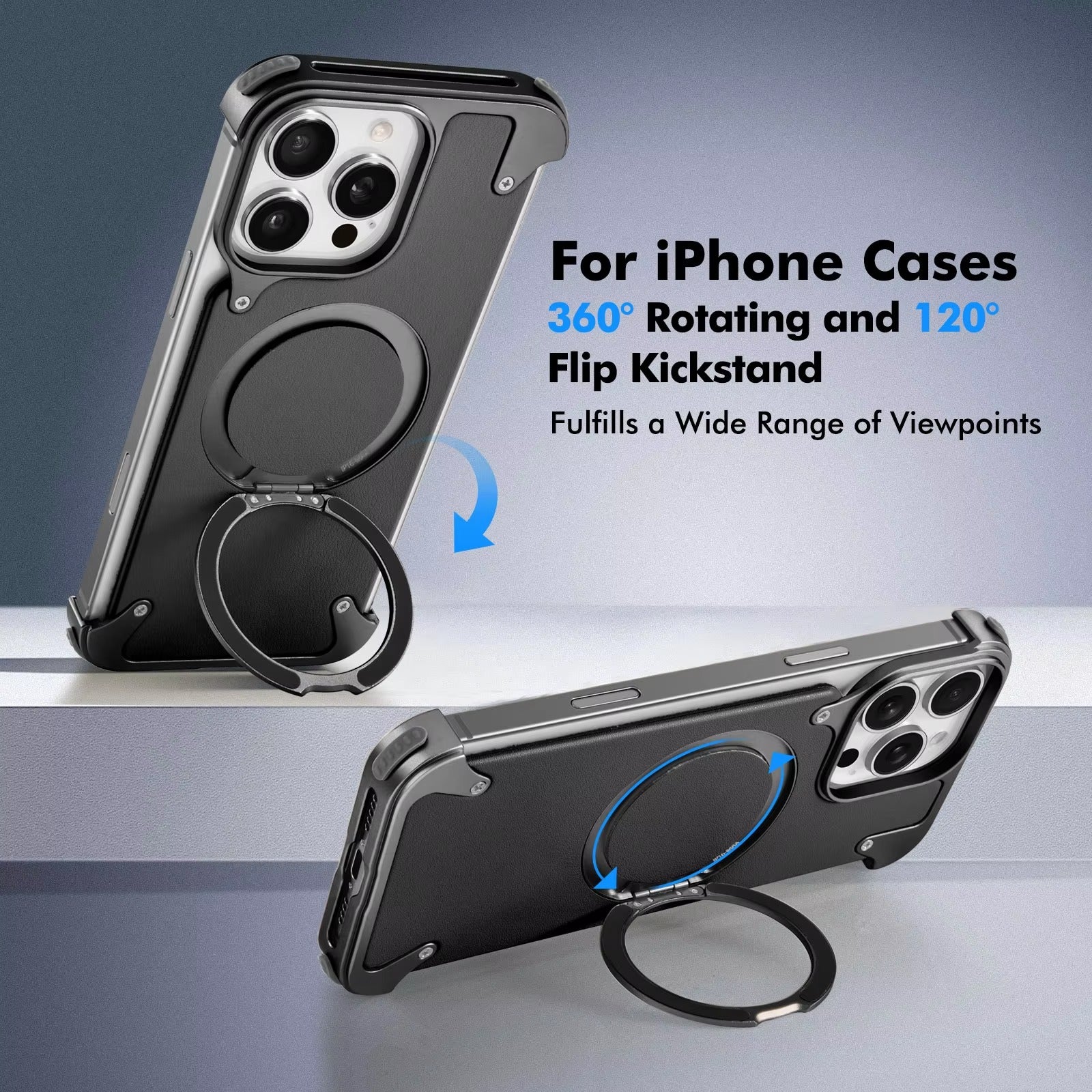 Premium Genuine Leather iPhone Case – MagSafe Compatible Frameless Cover with Rotating Magnetic Stand Ring, Shockproof Anti-Drop Protection