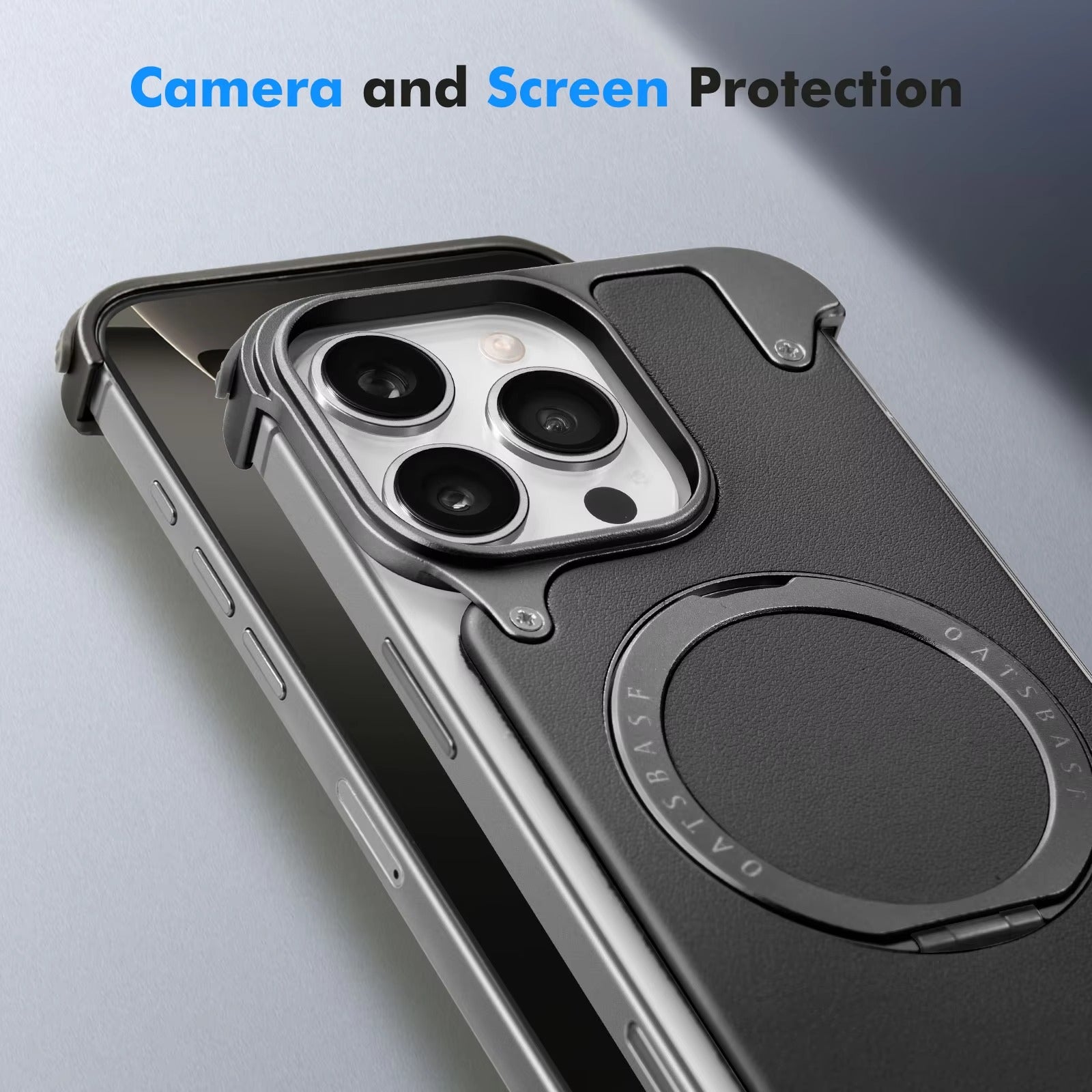 Premium Genuine Leather iPhone Case – MagSafe Compatible Frameless Cover with Rotating Magnetic Stand Ring, Shockproof Anti-Drop Protection