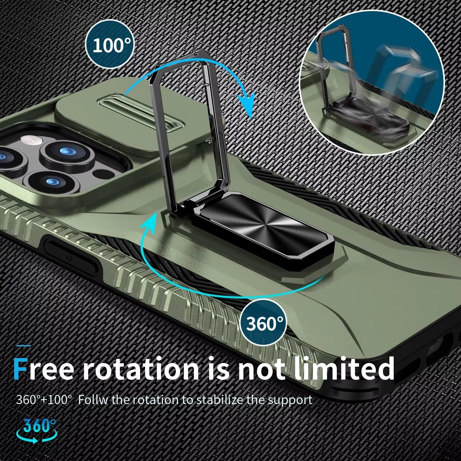 Premium Military-Grade iPhone Case – Shockproof All Around Protection Cover with Sliding Camera Lens Guard, Rotary Stand and Anti-Slip Grip