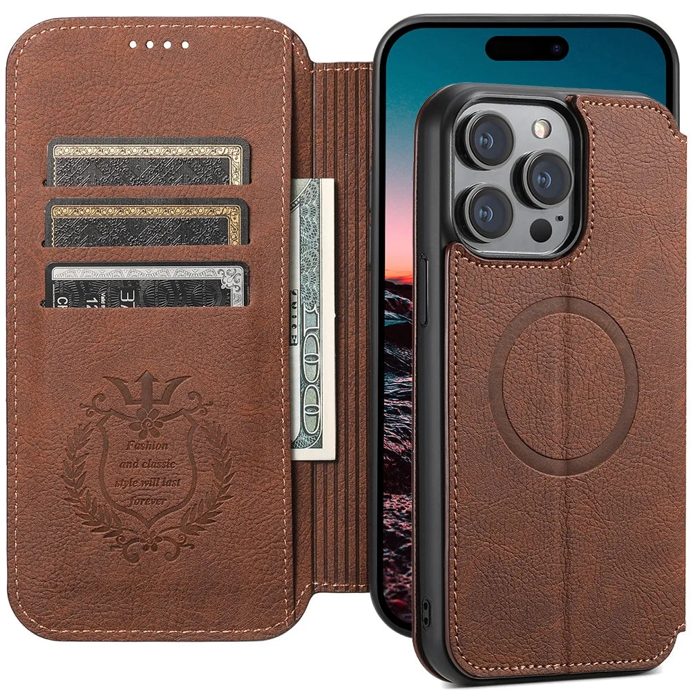 Luxury Leather Magnetic Flip iPhone Case – MagSafe Wallet Card Holder, Wireless Charging Compatible, Shockproof Protection, Elegant Design for iPhone Models