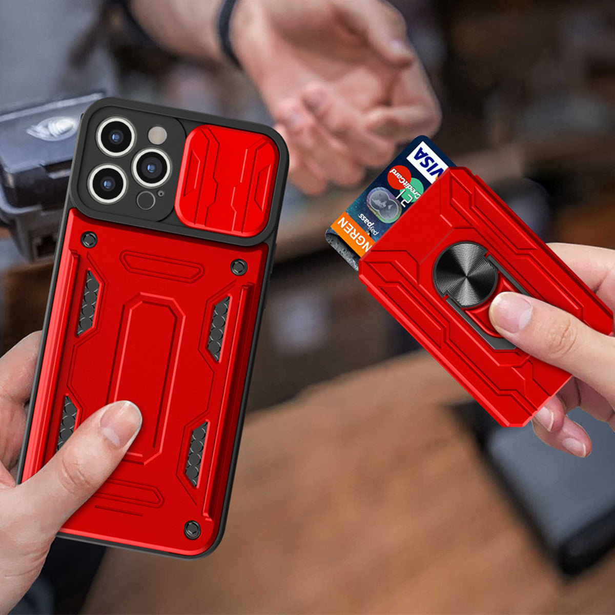 Hidden Slide Card Slot iPhone Case – Lens Protection, Magnetic Ring Stand, Shockproof Cover for iPhone Models