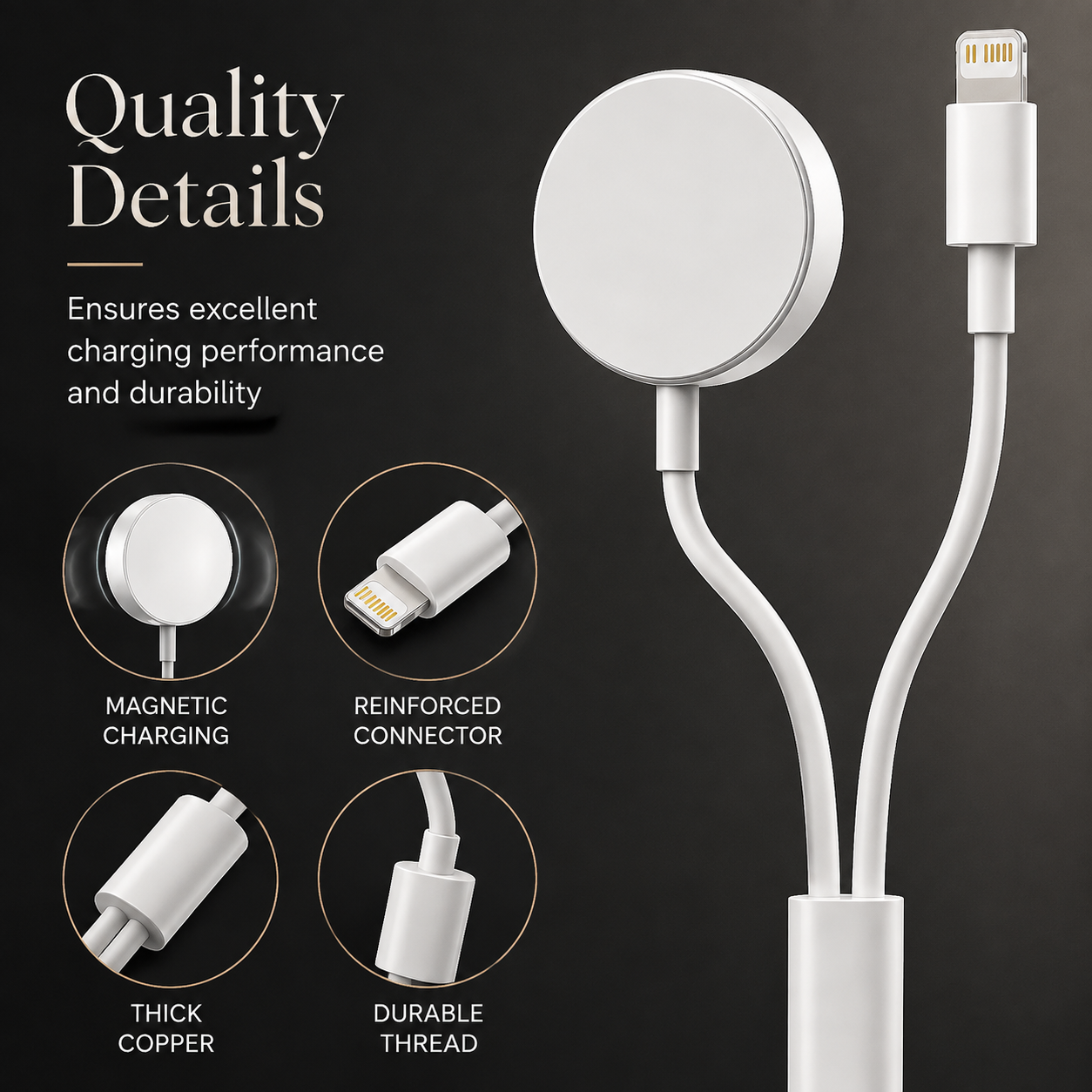 Premium 2-in-1 Magnetic Wireless Charger Cable USB-A Fast Charging Cord Smart Chip Protection Strong Magnetic Charging Compatible with iPhone