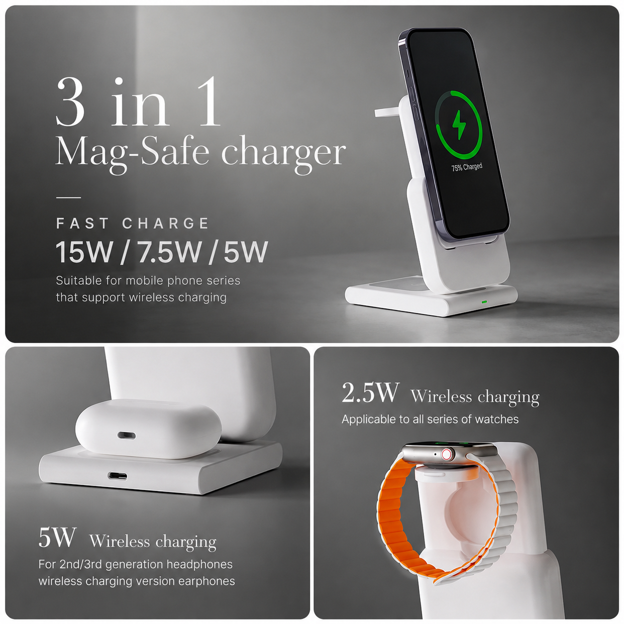 Premium 3-in-1 Magnetic Wireless Charging Station Fast Wireless Charger Portable Power Bank Foldable Charging Dock USB Type C Compatible with iPhone
