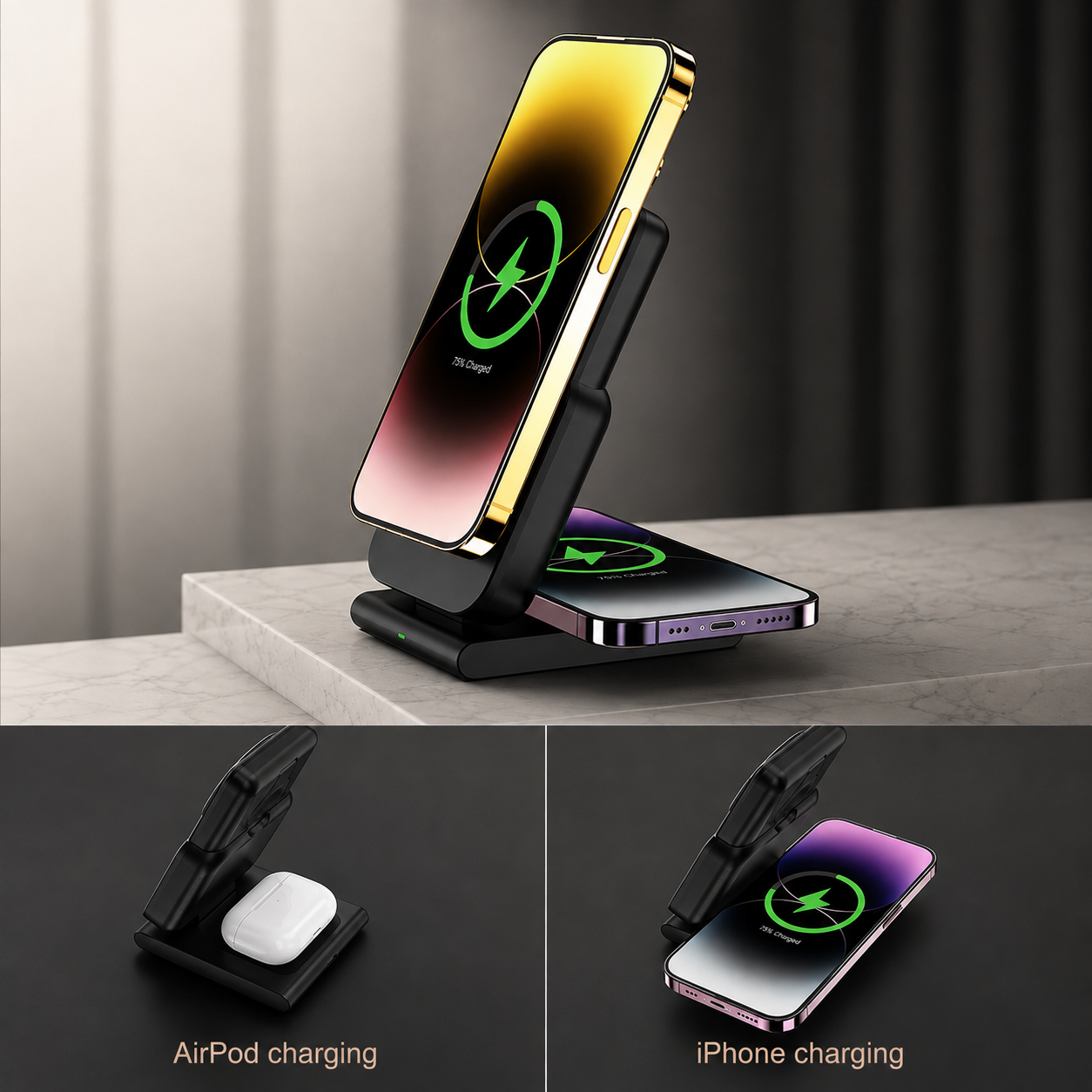 Premium 3-in-1 Magnetic Wireless Charging Station Fast Wireless Charger Portable Power Bank Foldable Charging Dock USB Type C Compatible with iPhone