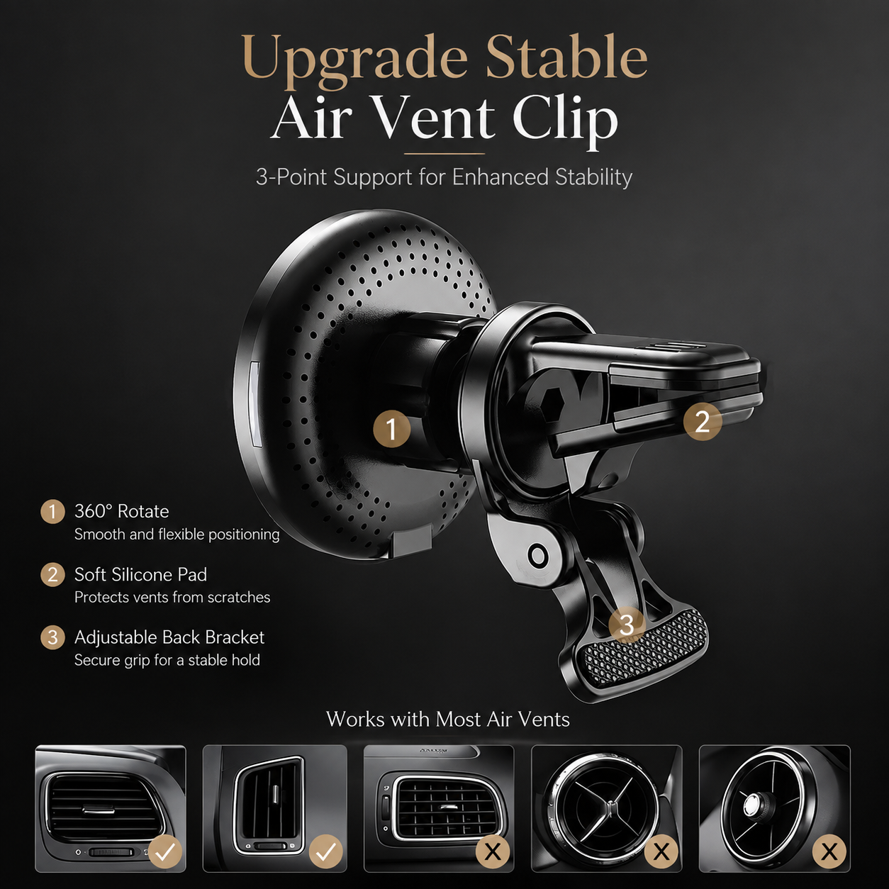Premium 30W Magnetic Wireless Car Charger Fast Charging Phone Holder Dashboard Air Vent Mount 360° Rotation Smart Chip Anti-Slip Compatible with iPhone