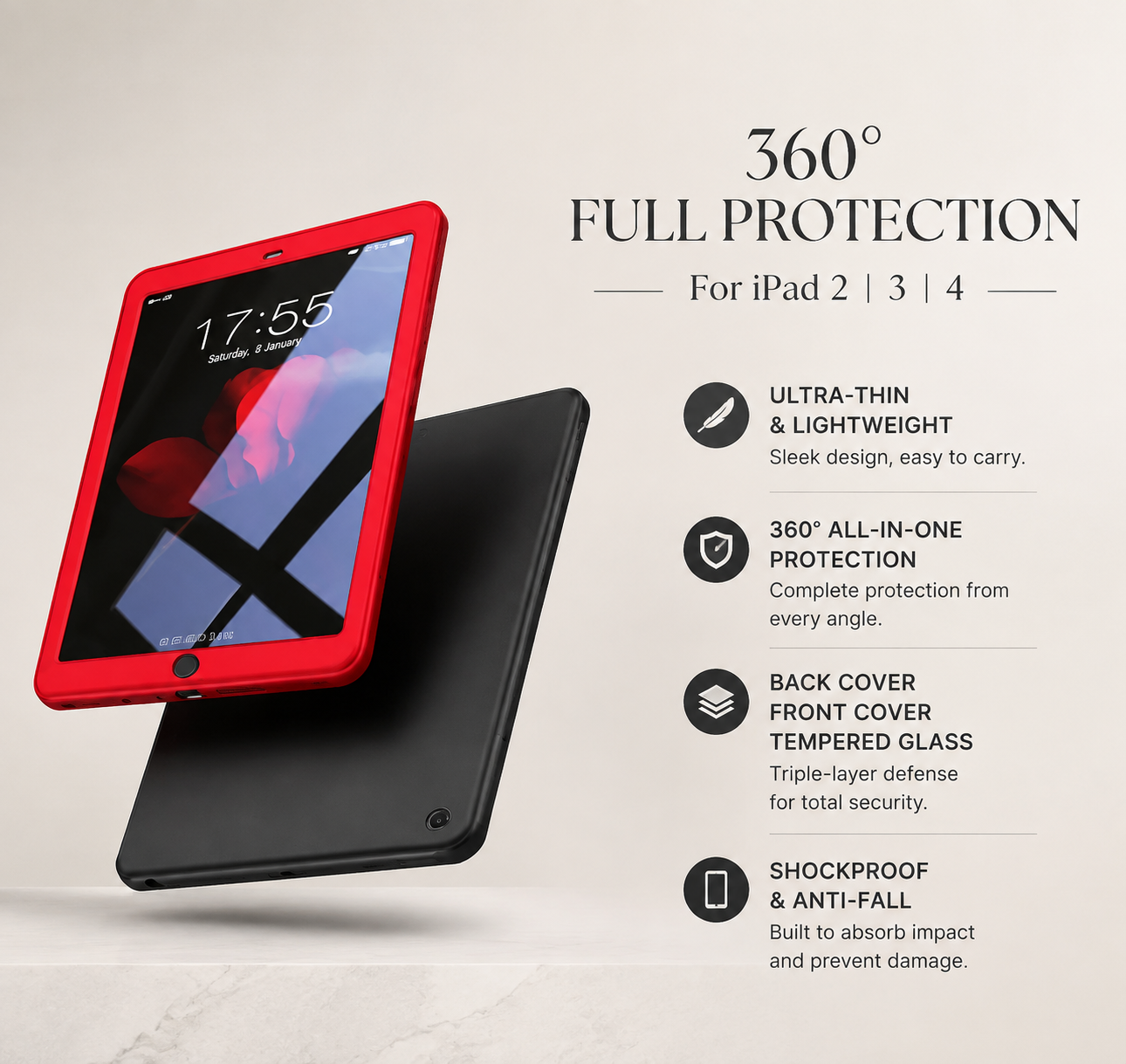 Premium 360° Rotating PU Leather iPad Case Smart Cover Auto Sleep Wake Shockproof Protective Stand Multi-Angle Tablet Case Compatible with iPad