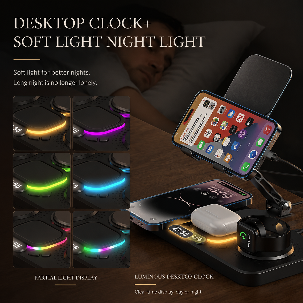 Premium 4 in 1 Magnetic Wireless Charging Station 15W Fast Charging Foldable Charger Stand for Phone Watch Earbuds LED Compatible with iPhone