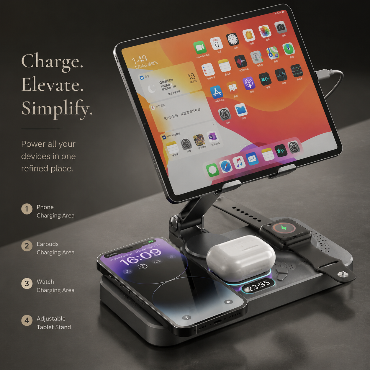 Premium 4 in 1 Magnetic Wireless Charging Station 15W Fast Charging Foldable Charger Stand for Phone Watch Earbuds LED Compatible with iPhone